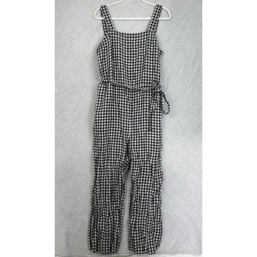 Quince 100% European Linen Square Neck Jumpsuit Large Khaki Black Gingham Preppy